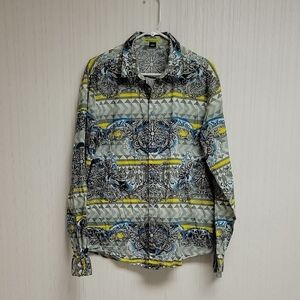 Versace Jeans Blue & Gray Patterned Shirt Men's Large designer colorful